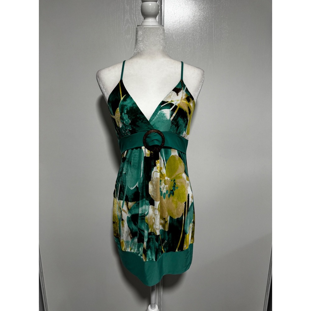 Yoyo 5 Womens Green Floral V-Neck Mini Dress with Ring Detail Size Small